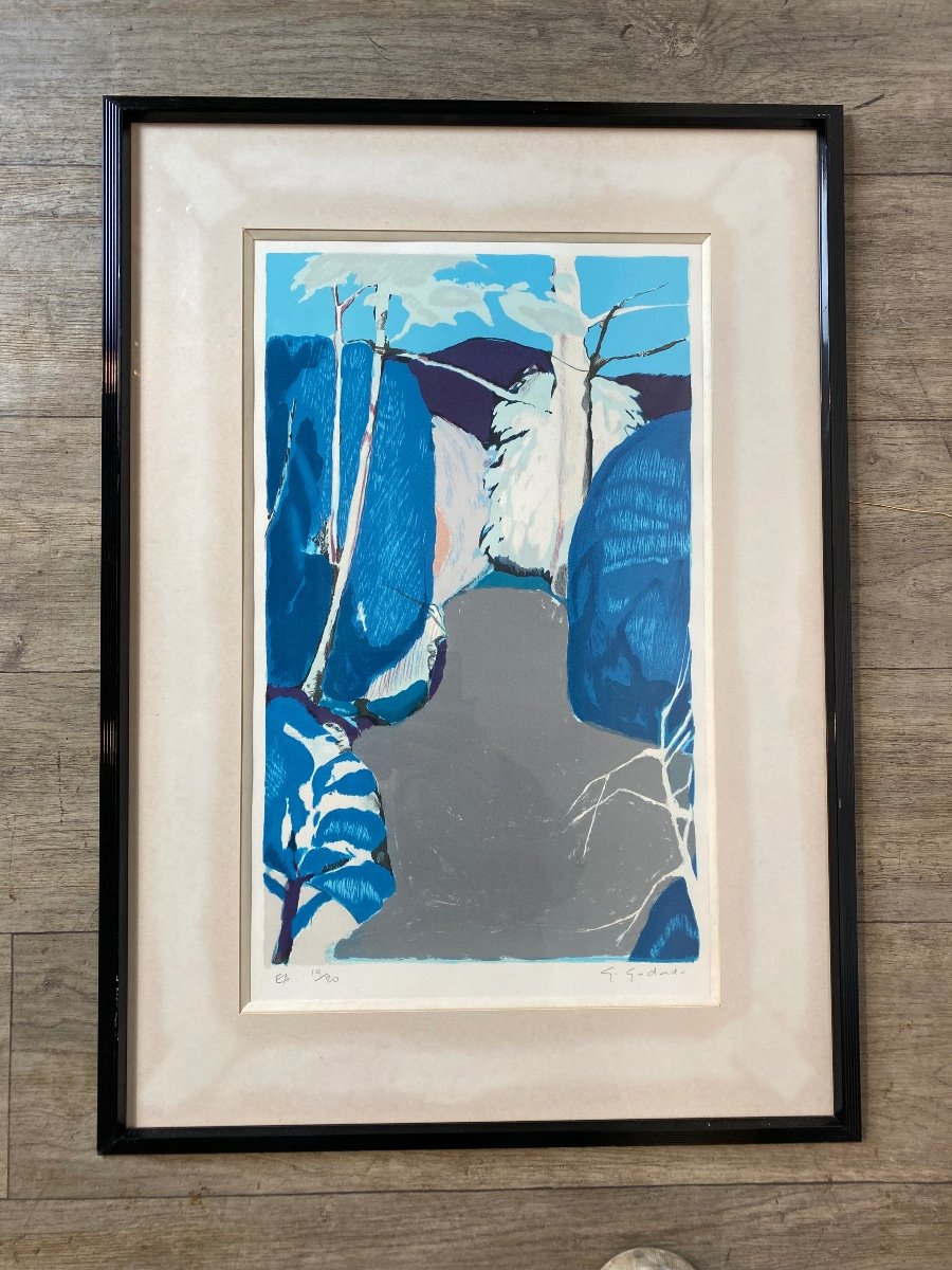 Gabriel Godard (1933-2023) Pair Of Blue Lithographs Artist Edition Signed-photo-3