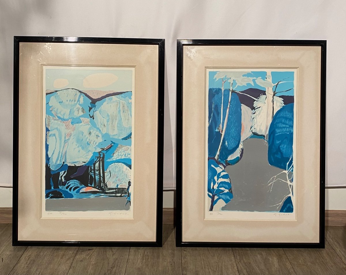 Gabriel Godard (1933-2023) Pair Of Blue Lithographs Artist Edition Signed