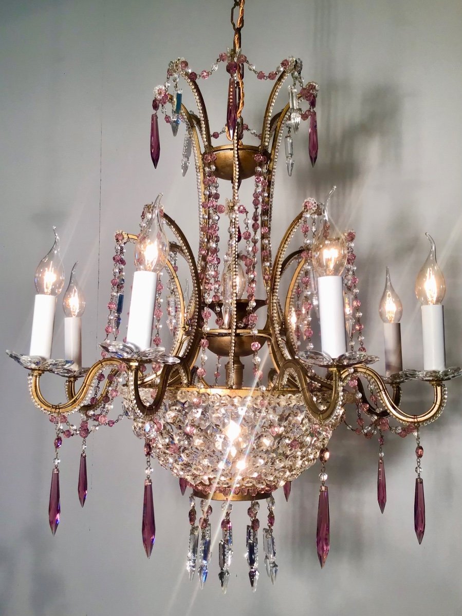 8-light Basket Chandelier In Purple Crystal With 2 Central Lights-photo-2