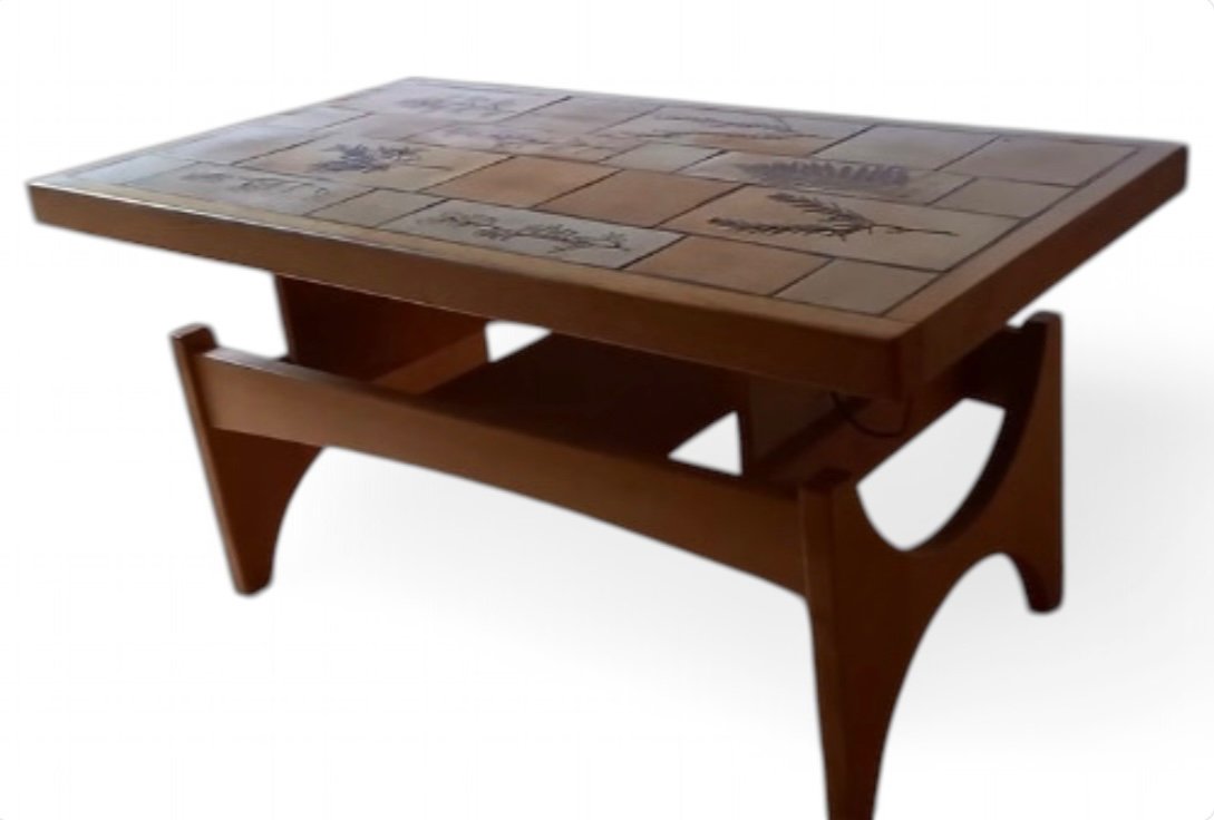 Jean Derval And Roger Capron Coffee Table Rise And Fall Oak And Ochre Ceramic 