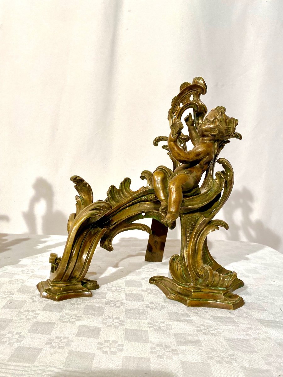 Paire De Chenets Louis XV En Bronze Amours Ou Enfants musiciens-photo-3