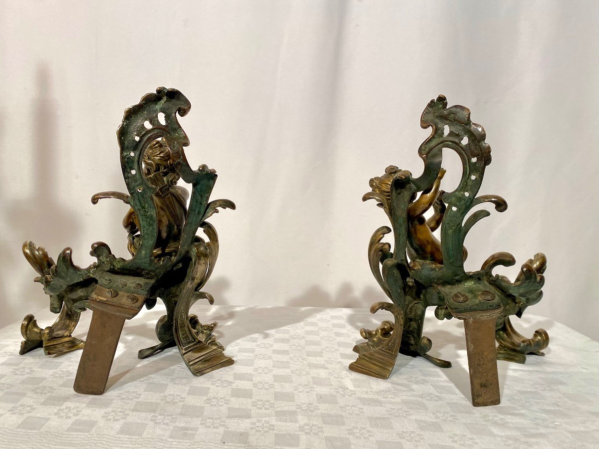 Pair Of Louis XV Bronze Andirons With Loves Or Children Musicians -photo-4