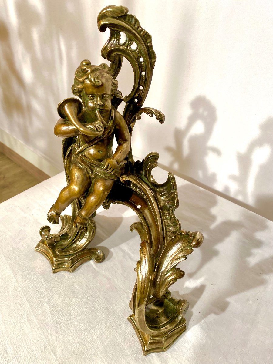 Pair Of Louis XV Bronze Andirons With Loves Or Children Musicians -photo-1