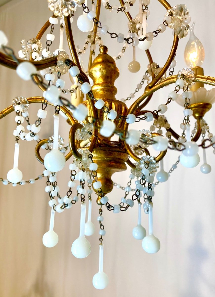 White Gilded Opaline Venetian Cage Chandelier With 5 Light Arms -photo-3