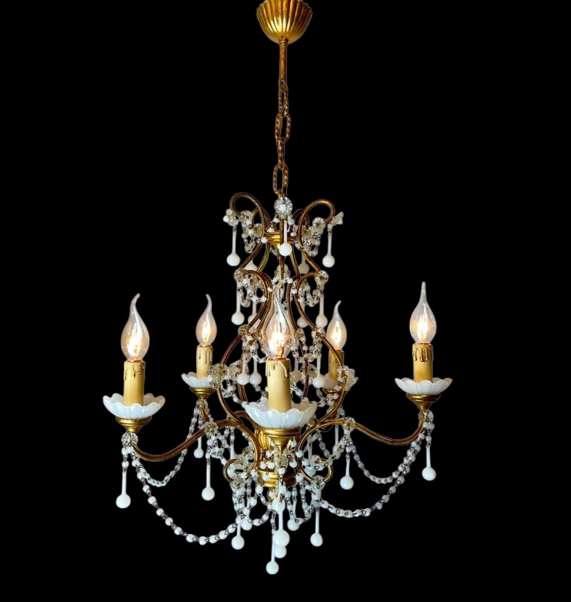 White Gilded Opaline Venetian Cage Chandelier With 5 Light Arms -photo-4