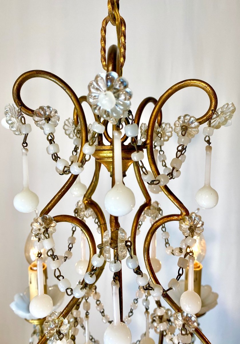 White Gilded Opaline Venetian Cage Chandelier With 5 Light Arms -photo-2