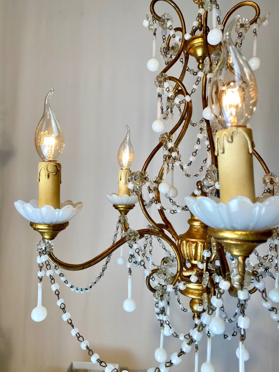 White Gilded Opaline Venetian Cage Chandelier With 5 Light Arms -photo-3