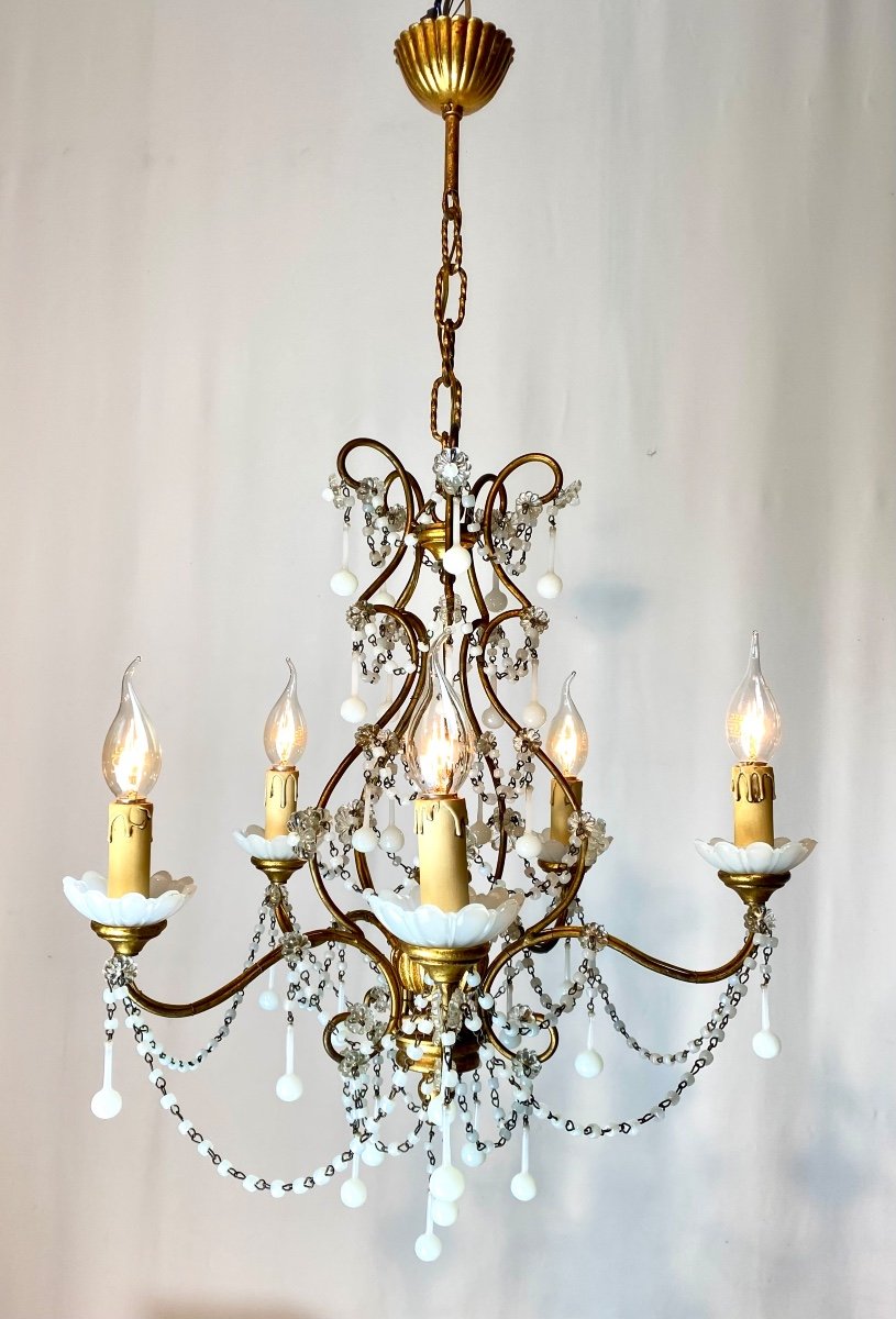 White Gilded Opaline Venetian Cage Chandelier With 5 Light Arms 