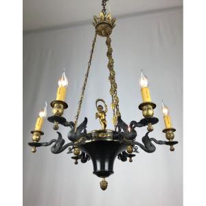 19th Century French  Empire Chandelier With An Angel Gilt Bronze And Dark Green Antique Bronze