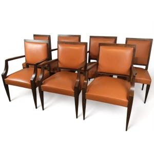 7 Seats 1940 Fauve Leather 5 Armchairs And 2 Dining Chairs Art Deco Solid Mahogany