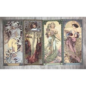 Mucha (d’après) Suite De 4 Tapisseries Art Nouveau Sur Le Thème Des 4 Saisons