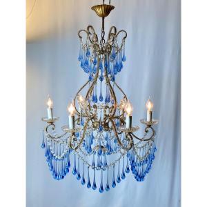 Banci Firenze Lustre Cage Baroque Italien Louis XV En Verre De Murano Bleu