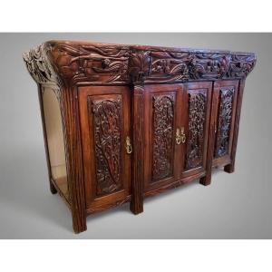 Buffet Naturaliste Indochinois Fin XIXeme Art Nouveau En Bois De Fer Indochine