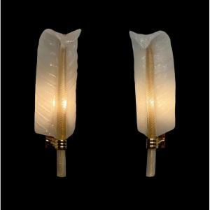 André Arbus & Maison Véronèse Pair Of Feather Sconces In Murano Glass 