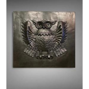 Lucas Full Size Pre Series Very Large Modernist Owl Fireplace Plate In Cast Iron Brutalism 