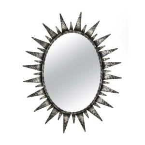 Oval Sun Mirror In Wrought Iron Hammered Silver Leaf 1950