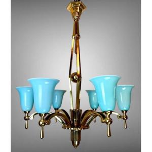 Lustre Art Deco Moderniste 1930 En Bronze Et Opaline Bleue 