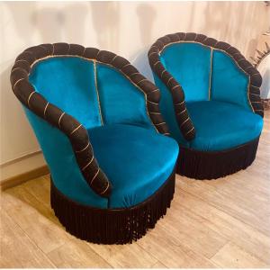 Pair Of Turquoise Blue Low Chairs