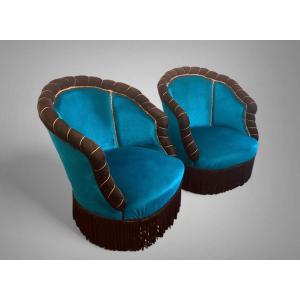 Paire De Chauffeuses Bleu Turquoise  Art Deco