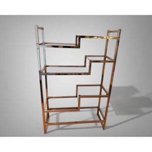 Pierre Vandel Paris Bookshelf In Gilded Brass And Smoked Glass Shelves 1970