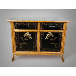 Small Japanese Buffet 1930 Bamboo And Black Lacquer Enhanced With Flowers