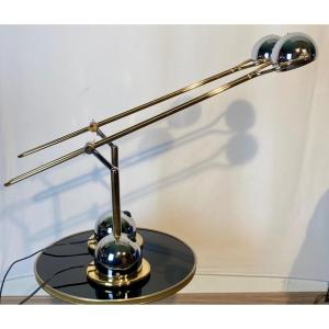 Pair Of 1970s Gold And Chrome Swing Arm Table Or Desk Lamps