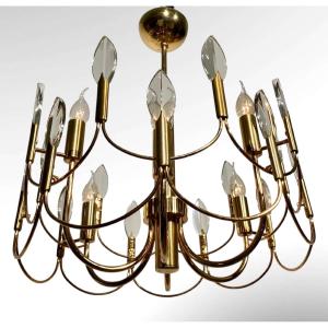 Gaetano Sciolari 6-light Leaf Or Flame Shaped Crystals Gilded Brass Chandelier