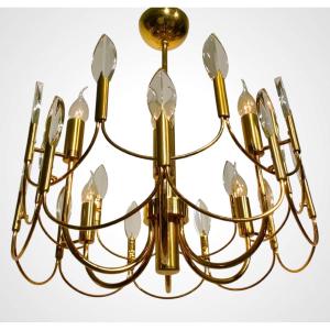 Gaetano Sciolari 6-light Leaf Or Flame Shaped Crystals Gilded Brass Chandelier