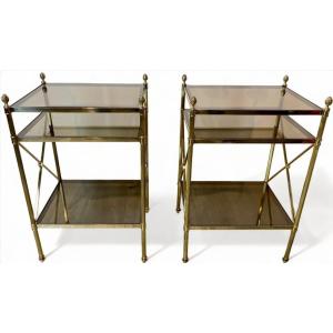 Maison Baguès Paire De Tables D’appoint Bouts De Canapés Bronze Laiton Et Verre Fumé 