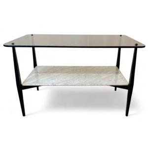 Table Basse Verre Fumé Marbre Structure Fer Forgé Milieu XXeme Moderniste 