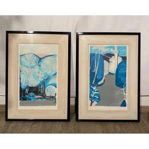 Gabriel Godard (1933-2023) Paire De Lithographies Bleu édition D’artiste Signées