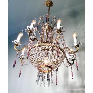 8-light Basket Chandelier In Purple Crystal With 2 Central Lights