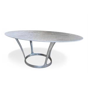 Grande Table Ovale En Marbre Blanc Et Piétement Aluminium De Michel Charron 1970