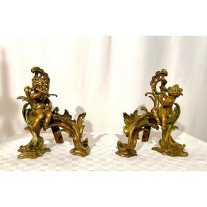 Pair Of Louis XV Bronze Andirons With Loves Or Children Musicians 