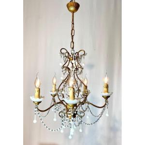 White Gilded Opaline Venetian Cage Chandelier With 5 Light Arms 