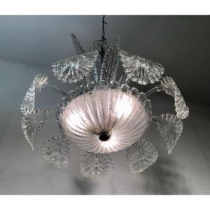 Barovier & Toso Lustre en verre irisé argent Murano 1950