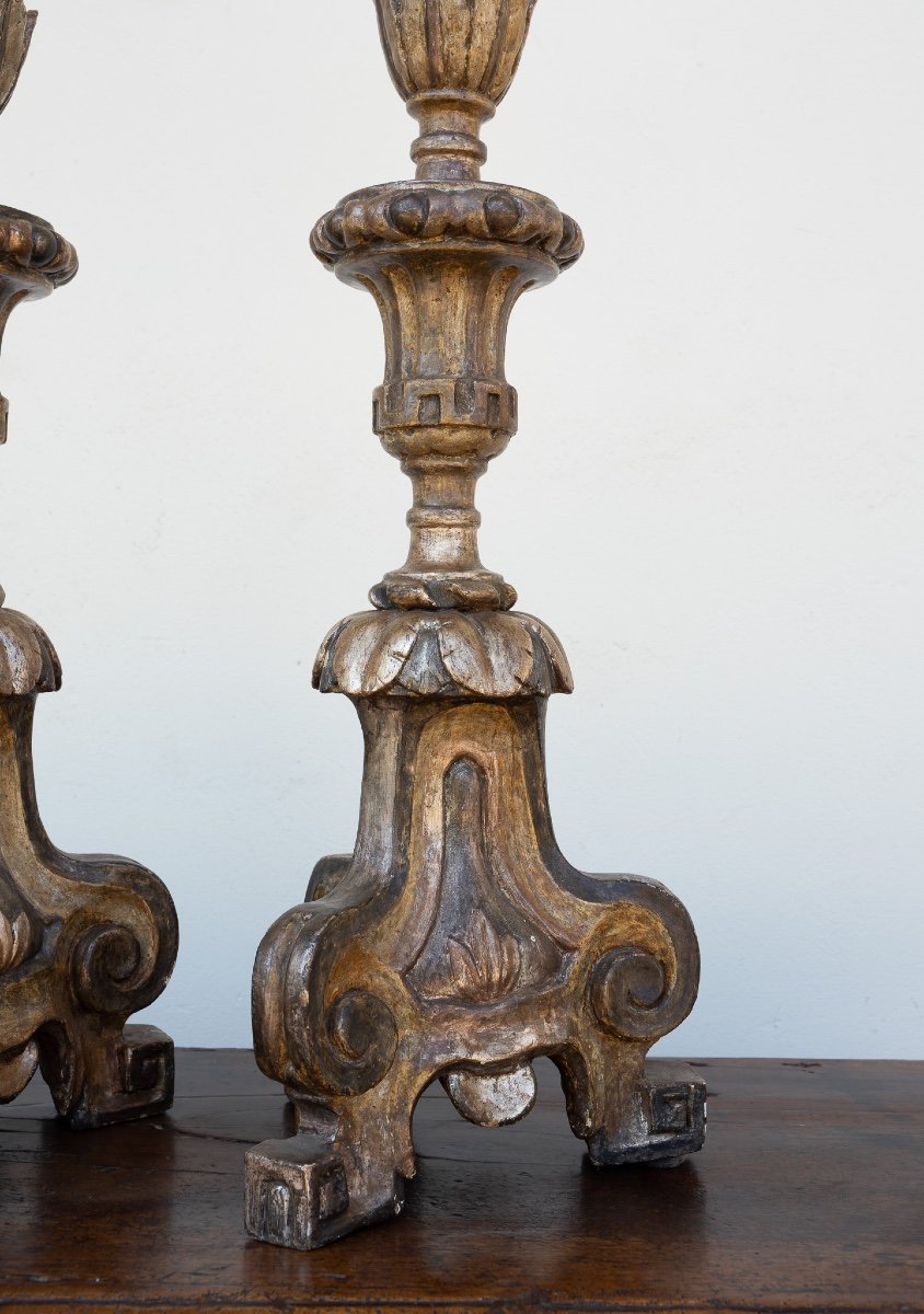 Pair Of Venetian Candelabra In Lacquered Wood And Silvered Mecca-photo-3