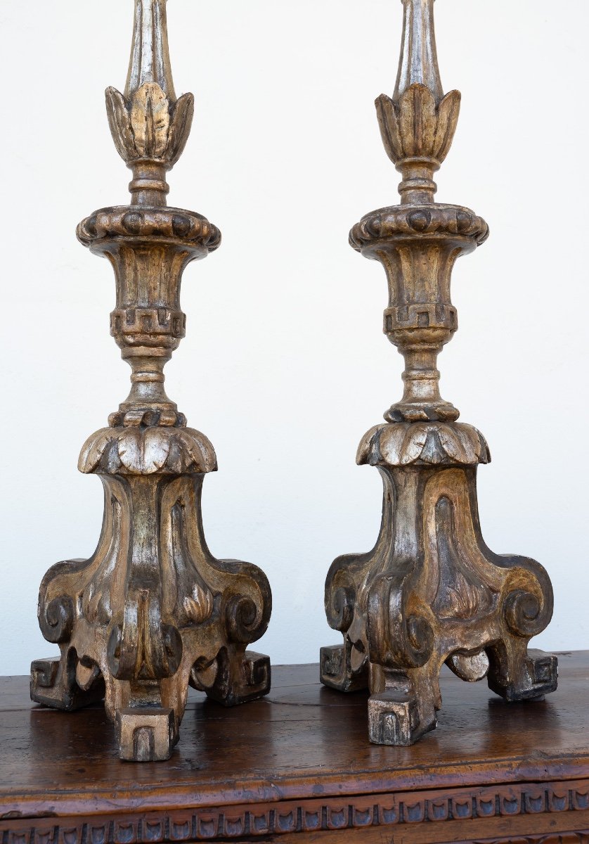 Pair Of Venetian Candelabra In Lacquered Wood And Silvered Mecca-photo-4