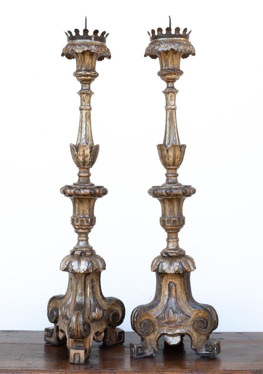 Pair Of Venetian Candelabra In Lacquered Wood And Silvered Mecca-photo-4