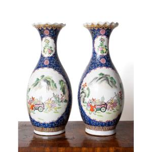 Pair Of Ancient Chinese Blue And White Porcelain Vases 