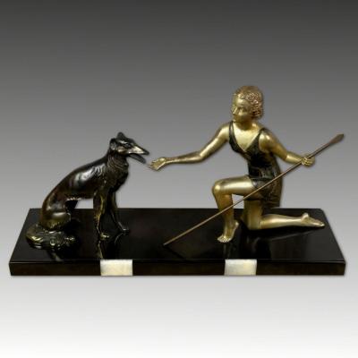 Antique Art Deco Sculpture Diana With The Chein