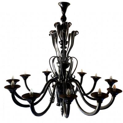 Large 40’s Black Murano Art Glass Chandelier 