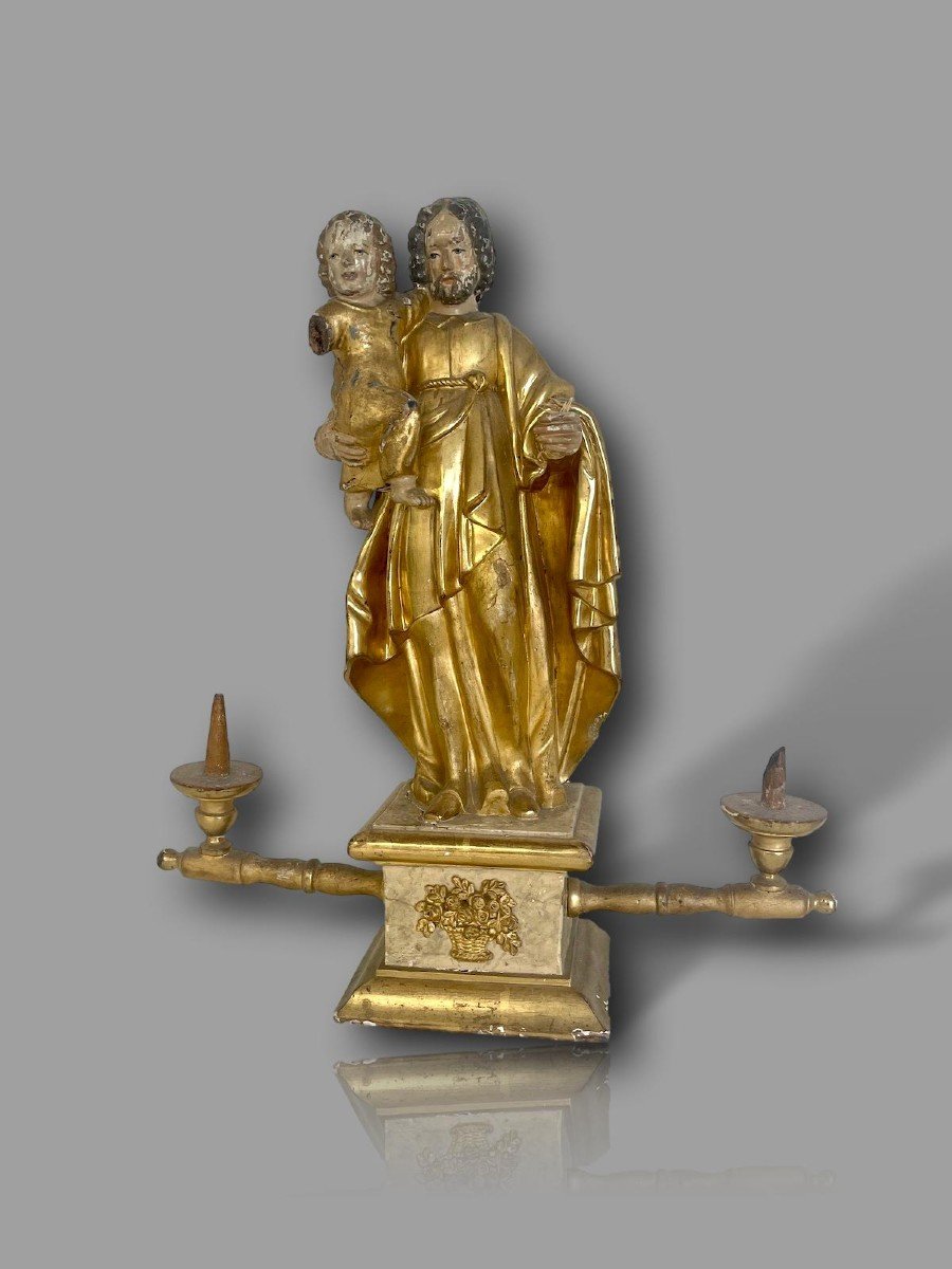 Rare 18th Century Golden Wood Devotional Statue Saint Joseph And The Child Jesus-photo-2