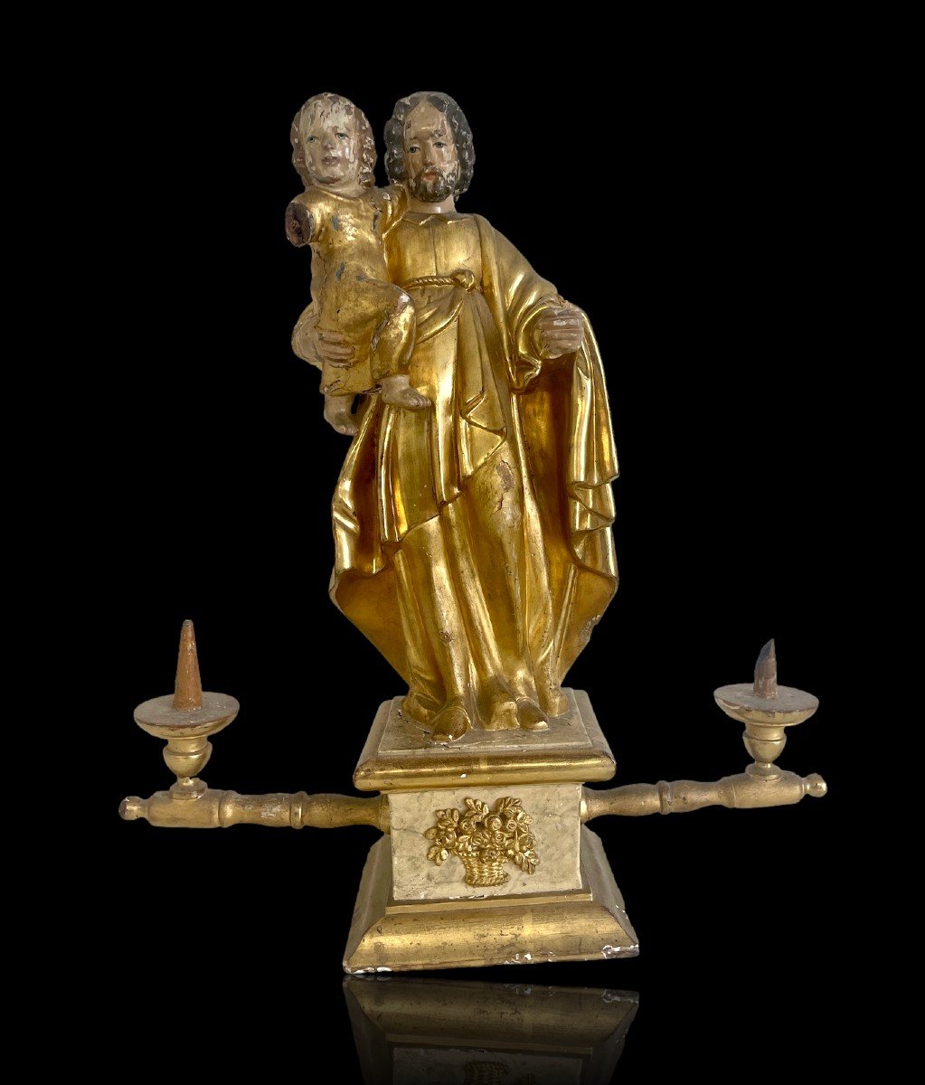 Rare 18th Century Golden Wood Devotional Statue Saint Joseph And The Child Jesus-photo-3