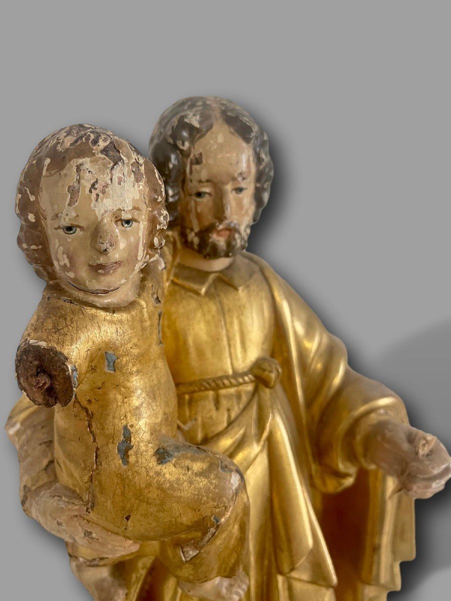 Rare 18th Century Golden Wood Devotional Statue Saint Joseph And The Child Jesus-photo-4