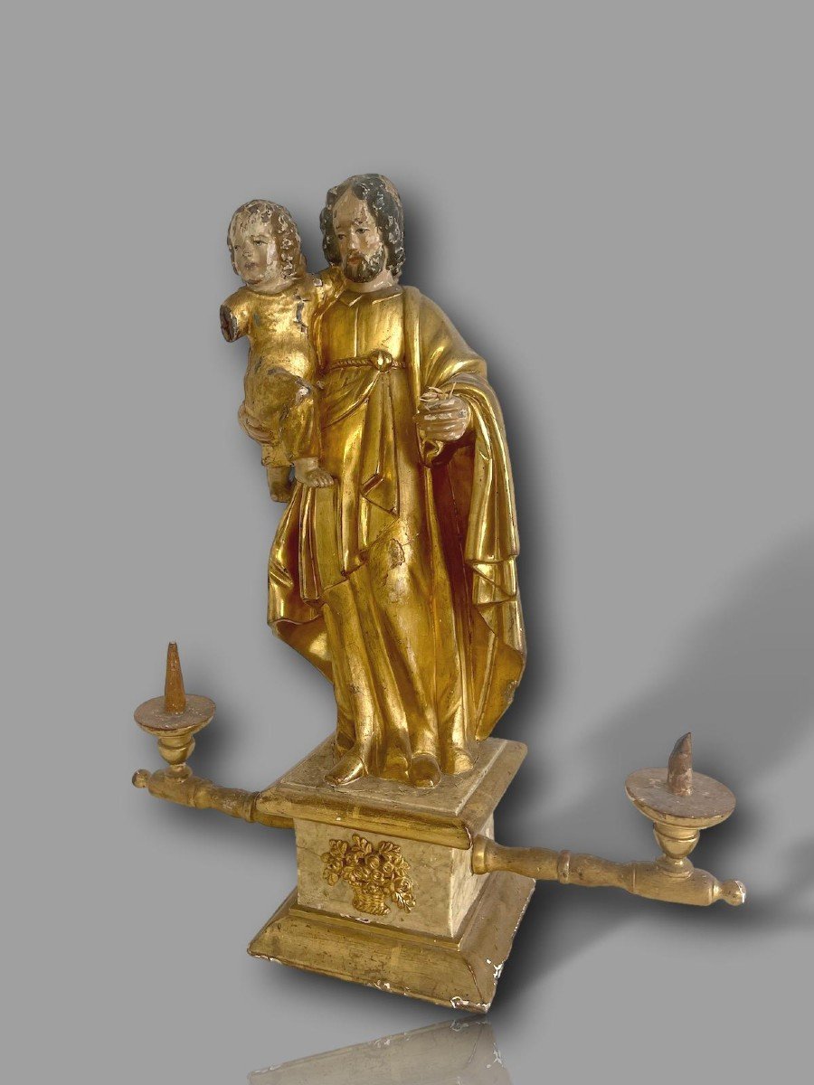 Rare 18th Century Golden Wood Devotional Statue Saint Joseph And The Child Jesus-photo-3