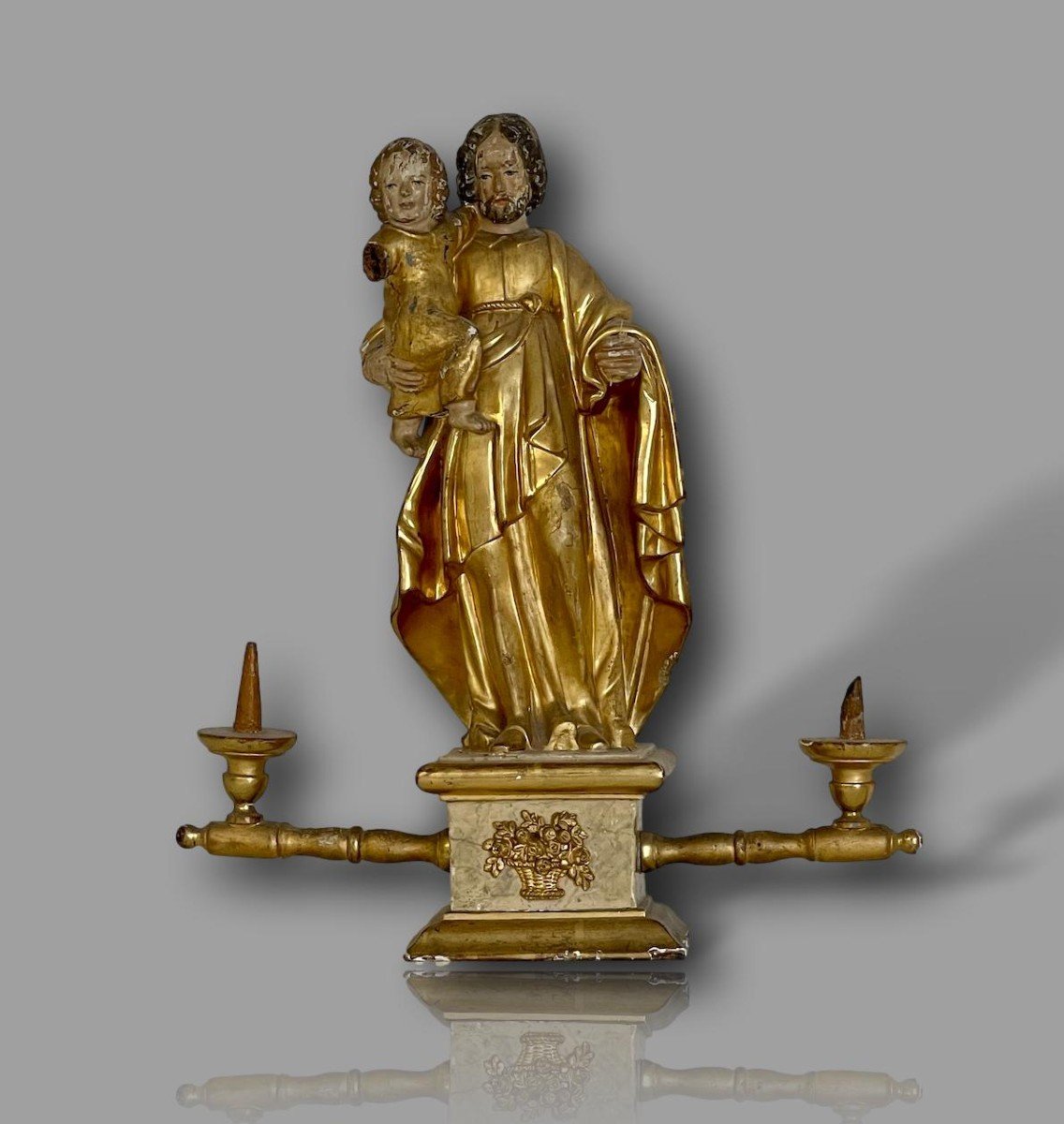 Rare 18th Century Golden Wood Devotional Statue Saint Joseph And The Child Jesus-photo-4