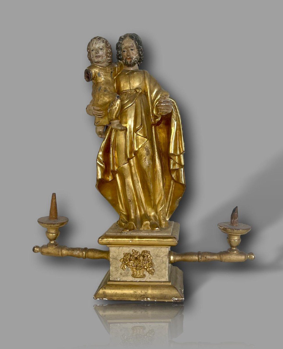 Rare 18th Century Golden Wood Devotional Statue Saint Joseph And The Child Jesus