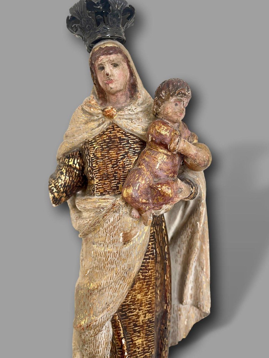 Statue Of The Virgin On The Clouds, Polychrome Carved Wood, Louis XIV Period-photo-2