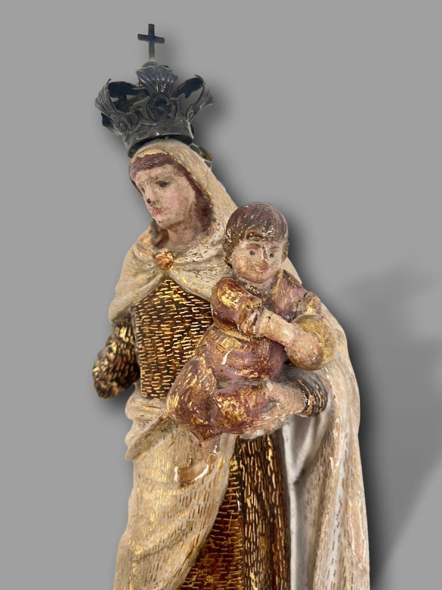 Statue Of The Virgin On The Clouds, Polychrome Carved Wood, Louis XIV Period-photo-4